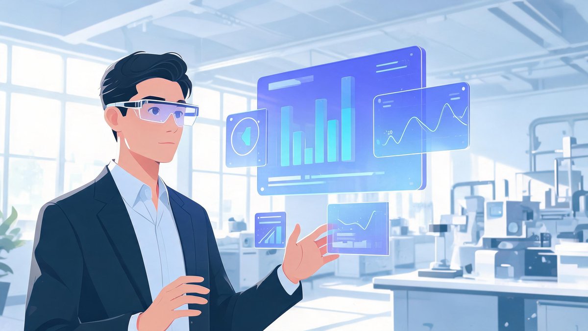 Augmented reality in business: professional using AR glasses with floating performance data overlays