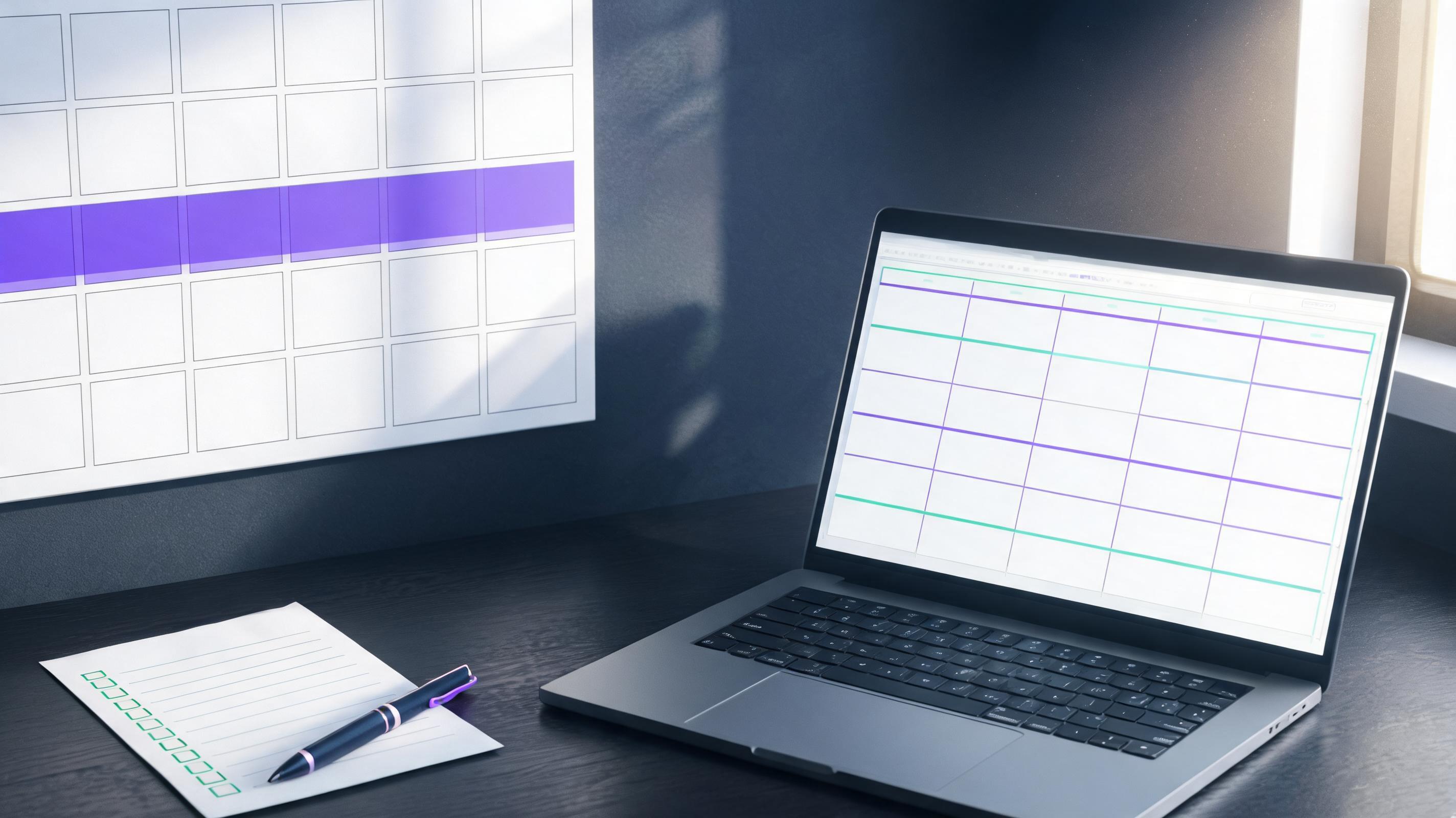 Clean monthly wall calendar with one week highlighted in violet beside a printed decision checklist, a pen and a laptop showing a simple pricing table in morning light
