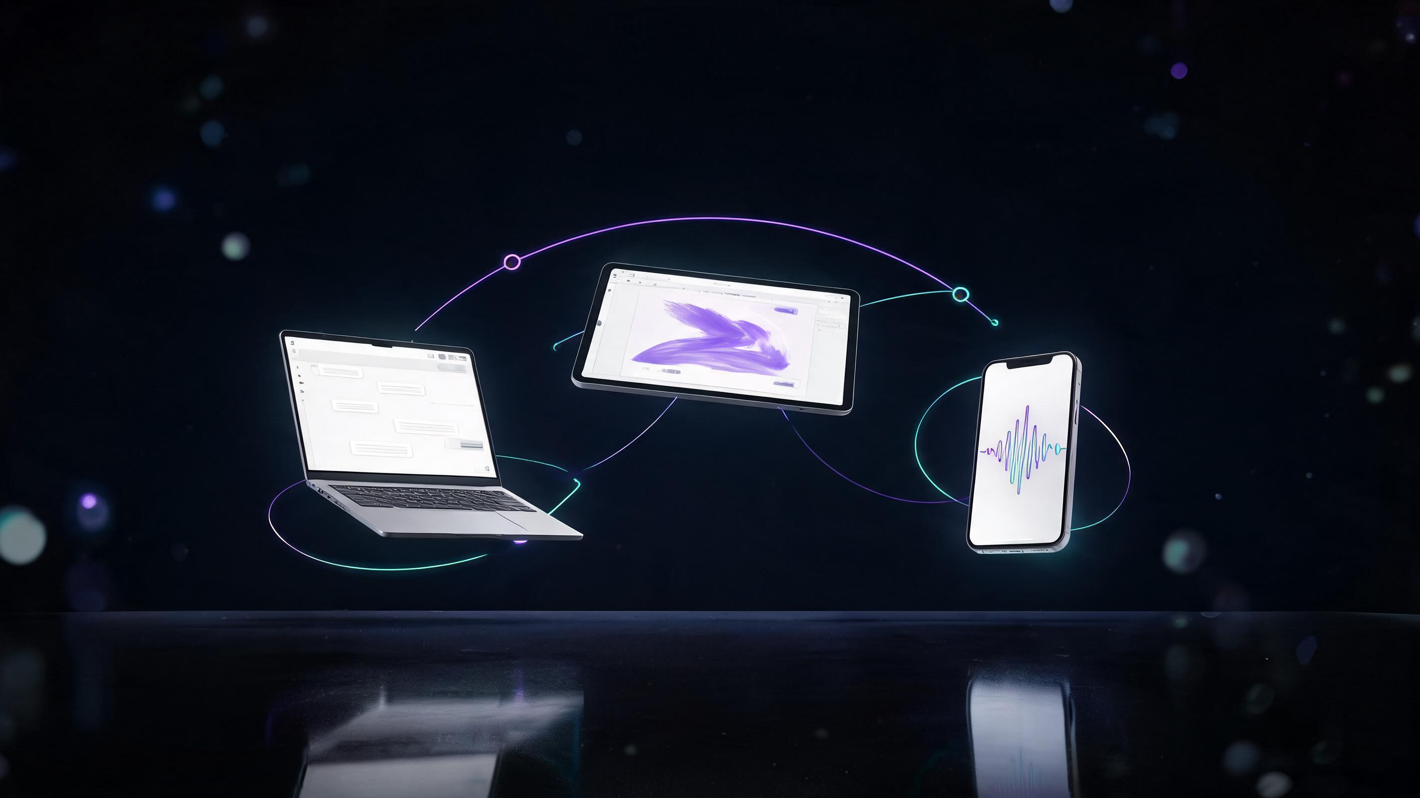 Cinematic studio scene with a laptop, tablet and phone floating above a reflective black desk, their screens glowing with AI chat, image-generation and voice interfaces connected by violet and mint light