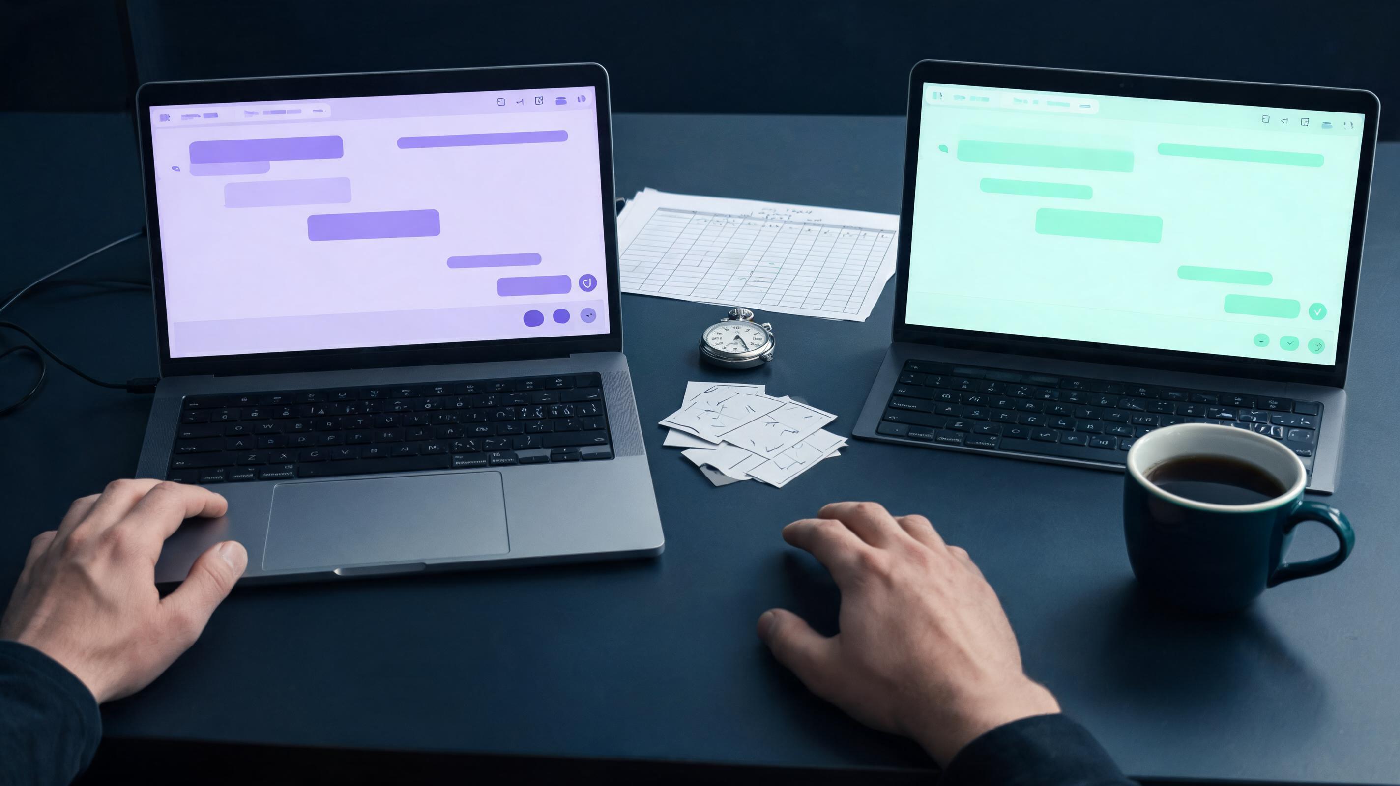 Technology journalist testing workspace with two laptops running AI assistants, printed test notes, scoring cards and a stopwatch