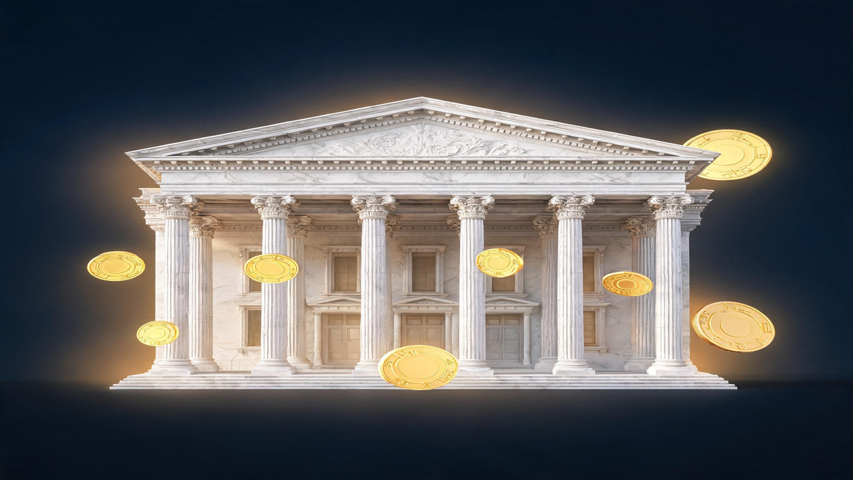 Stylized bank building with crypto coin symbols floating in gold light, institutional architecture, dark navy background